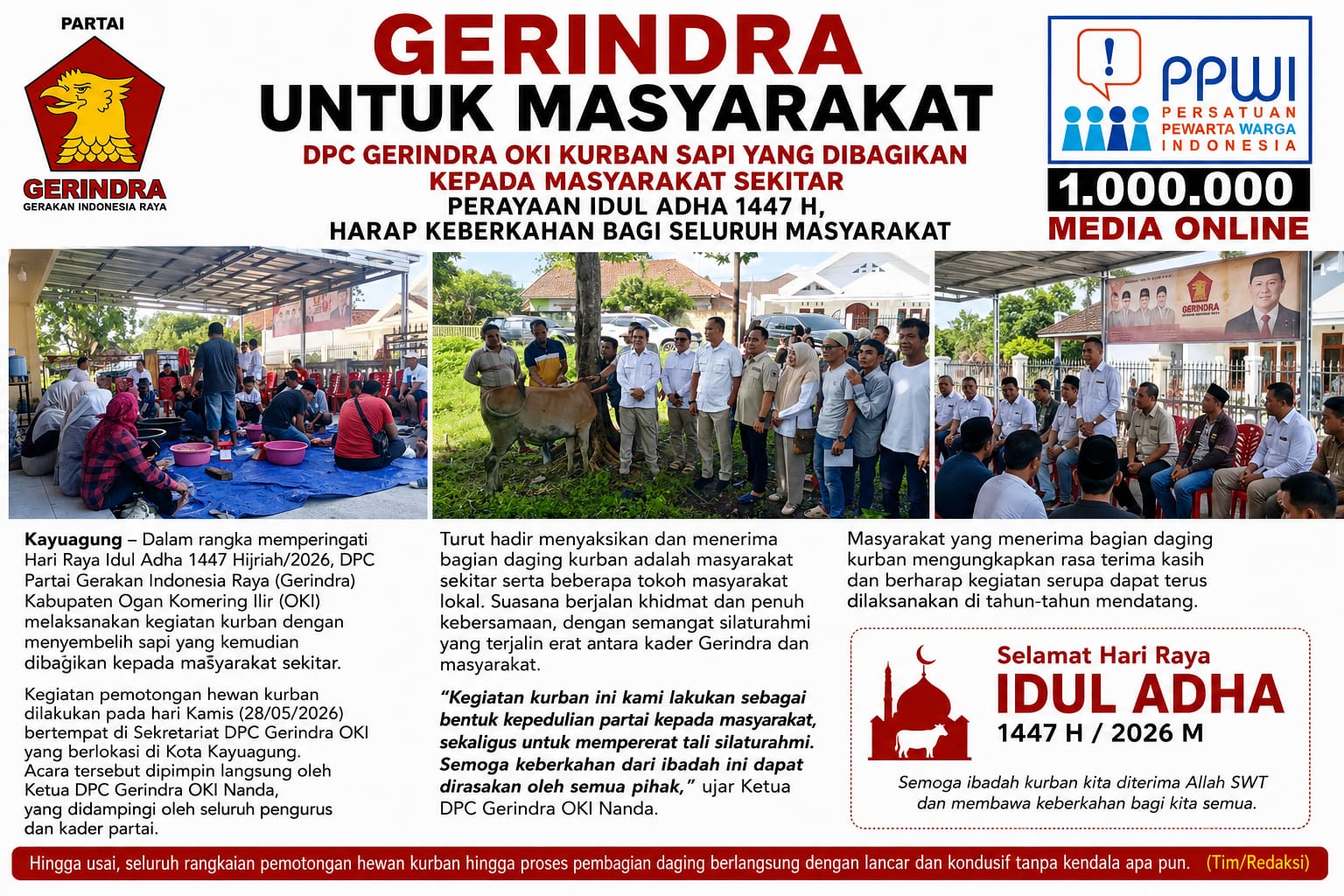 Gerindra untuk Masyarakat" – DPC Gerindra OKI Kurban Sapi yang Dibagikan kepada Masyarakat Sekitar