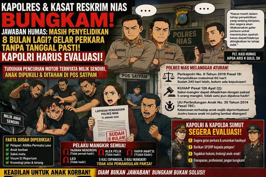 KAPOLRES & KASAT RESKRIM NIAS BUNGKAM! JAWABAN HUMAS: MASIH PENYELIDIKAN  8 BULAN LAGI? GELAR PERKARA TANPA TANGGAL PASTI! KAPOLRI HARUS EVALUASI!